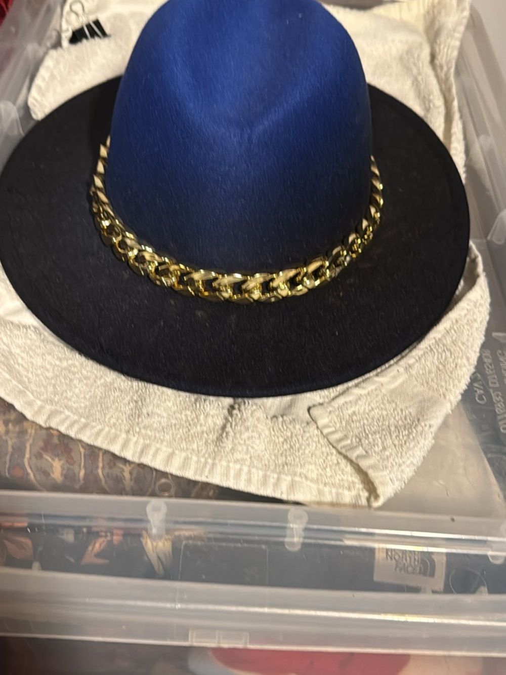 Blue and Black Fedora Hat with Gold Chain Accent